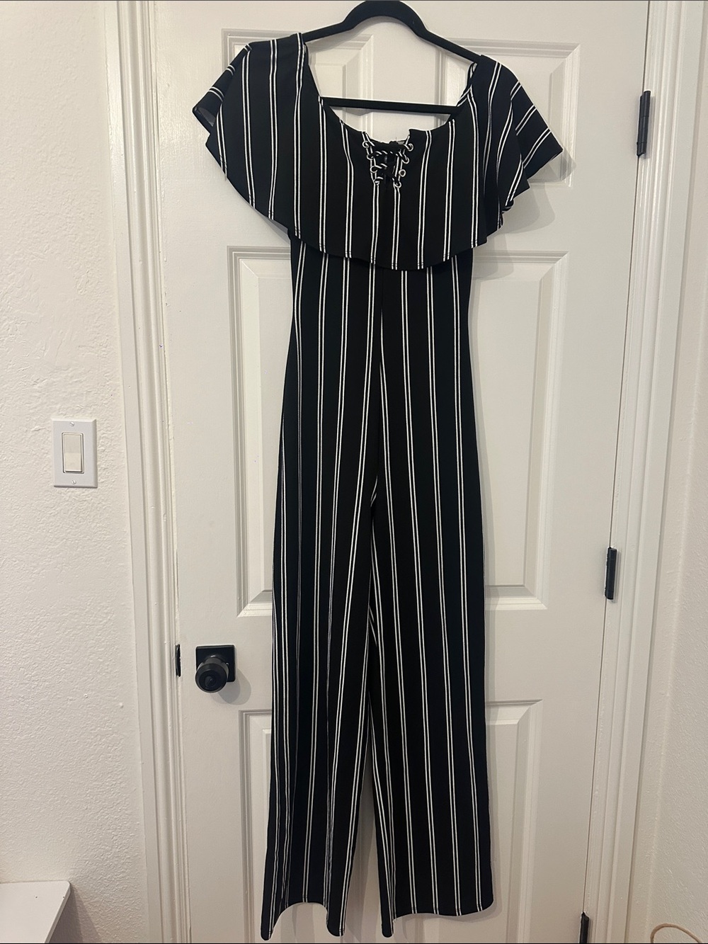 Timing Black and White Vertical-Stripe Off-Shoulder Jumpsuit